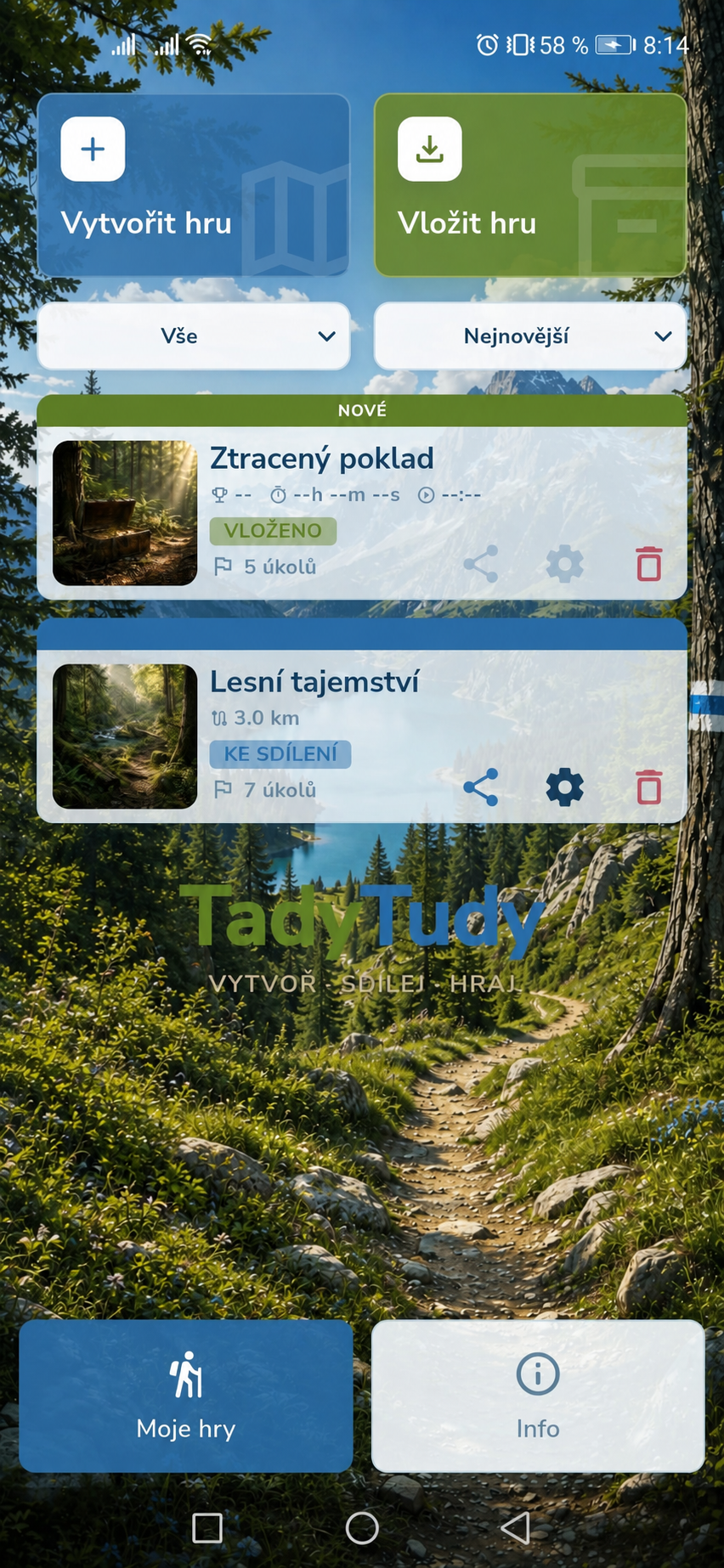 Úvodní obrazovka TadyTudy s kartami her Ztracený poklad a Lesní tajemství